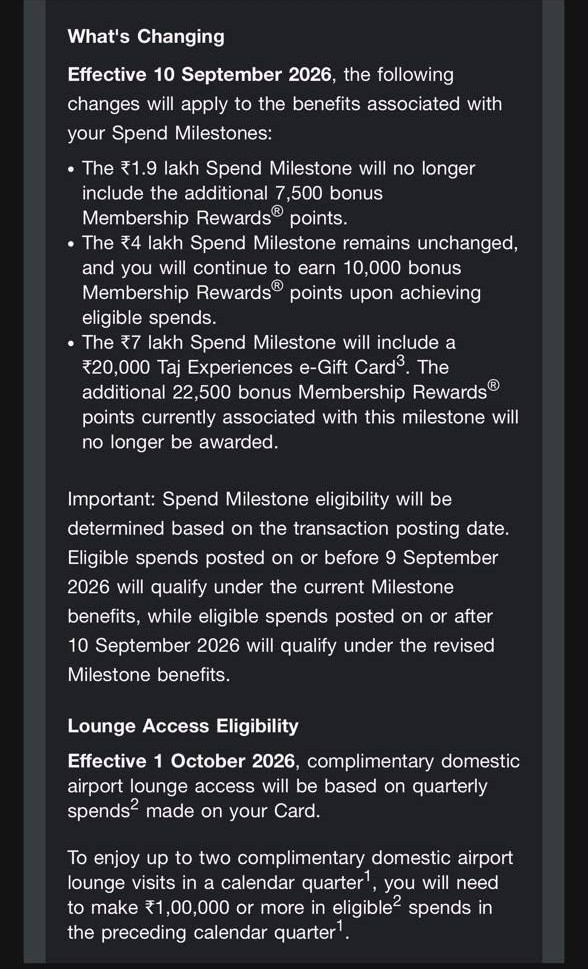 American Express communication outlining the revised Platinum Travel milestone and lounge access benefits. American Express communication outlining the revised Platinum Travel milestone and lounge access benefits.